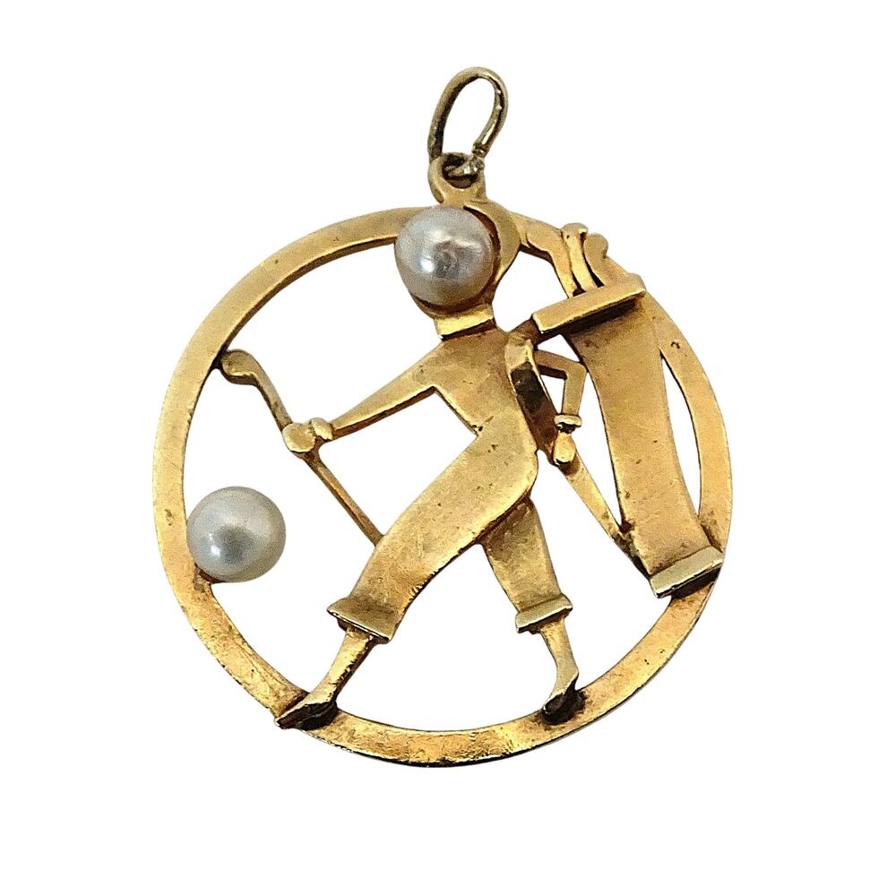 Vintage 14K Gold Golfer Pendant Charm 6g Cultured Pearl Golf Estate Jewelry